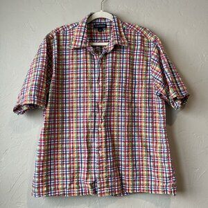 Lands End Gingham Plaid Colorful L 16-16.5” Preppy Easter Short‎ Sleeve Button